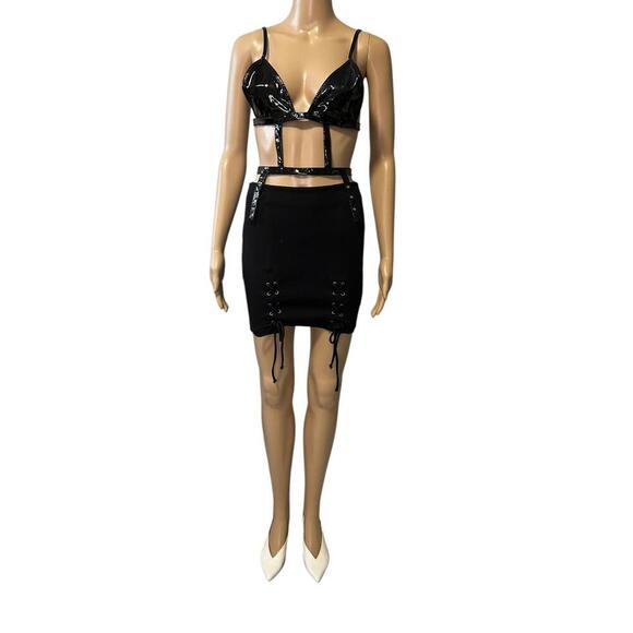 Chic Black PVC Two-Piece Set with Lacing Details - Picture 1 of 7